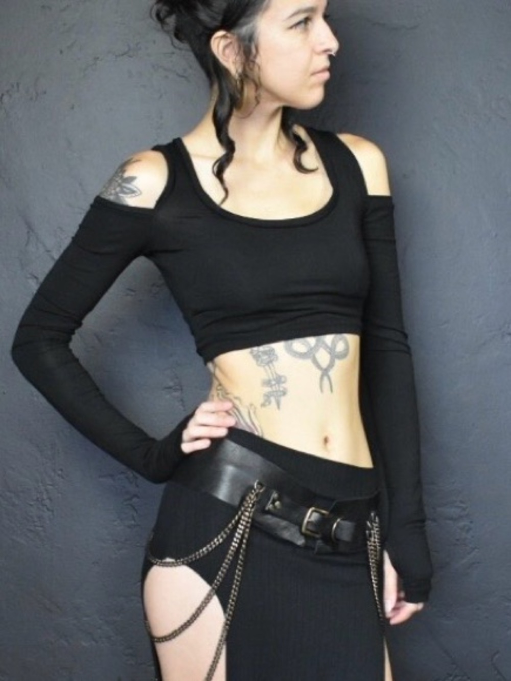 Midnight Assassin Crop Top, black shoulder cutout long sleeve, S/M, Rivetted